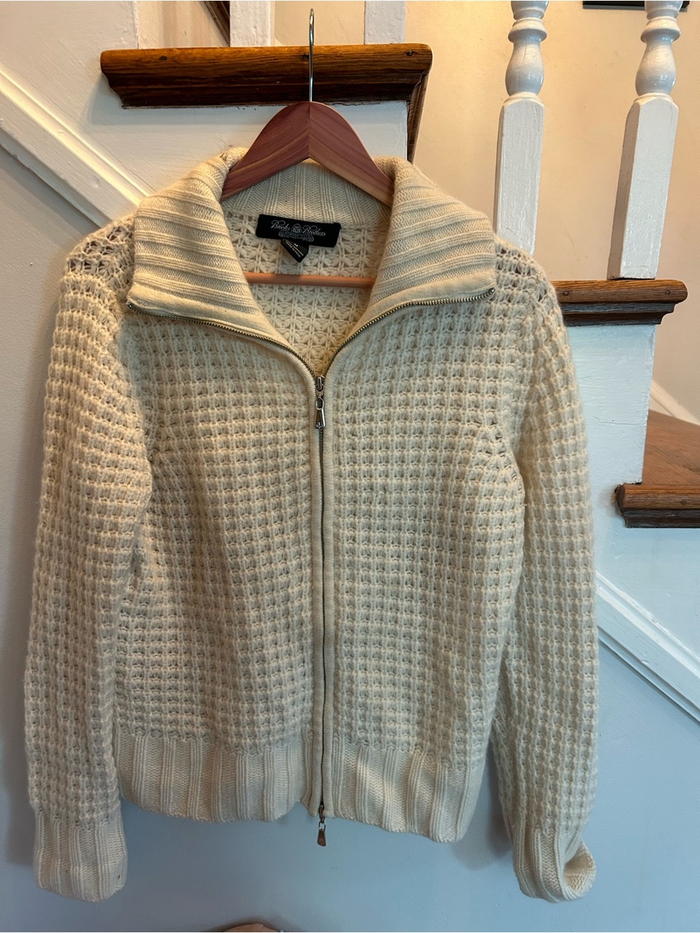 Brooks Brothers Cream Zip-Up Waffle Knit Cardigan Sweater